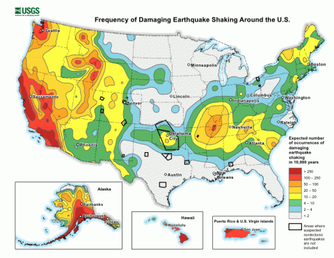 Probabilistic Map of Expected Number of Damaging Earthquakes around the U.S.