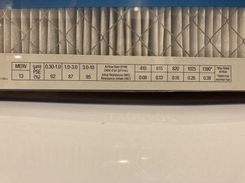 The MERV rating, particle capture efficiencies, and pressure drops are printed on the side of this 1-inch pleated filter 