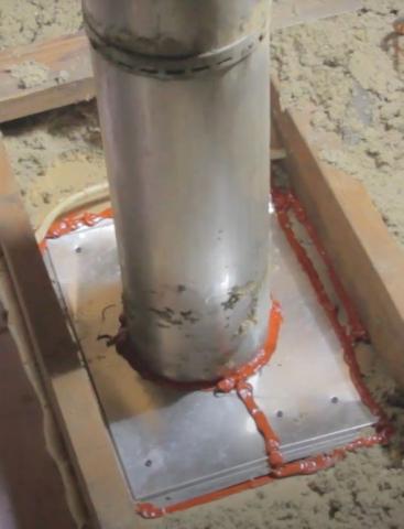 . Install sheet metal to cover the gaps around a flue pipe in the attic; attach with screws or heavy staples, then seal seams with fire-rated caulk or foam