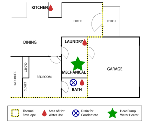 Floorplan showing a laundry room location for a heat pump water heater 