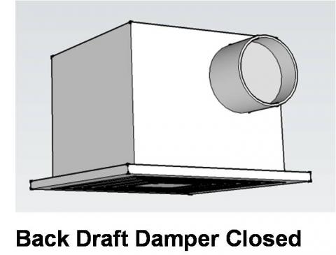 The back-draft damper on this exhaust fan is closed to prevent cross contamination