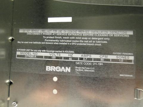 The manufacturer’s label found on this exhaust fan housing shows a sone rating of 1.0
