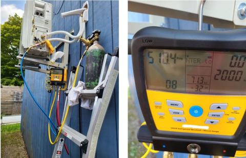 A nitrogen pressure test was completed on this ductless mini-split heat pump using a digital manifold gauge.
