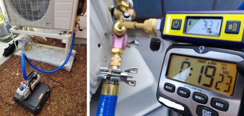   A vacuum decay test is performed on this ductless mini-split heat pump using a digital micron gauge for accurate measurement; a deep vacuum is achieved quickly by using large diameter, vacuum-rated hoses, and removing valve cores 