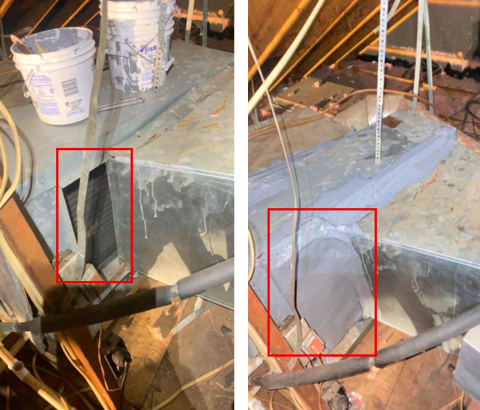 The hole in the air handler box, on left, was covered with a piece of 30-gauge sheet metal that was cut to size and sealed in place with screws and mastic.