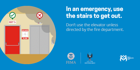 This FEMA flyer recommends using the stairs in case of fire; automated smoke control systems are often designed to minimize smoke in the egress path during a fire or smoke emergency.