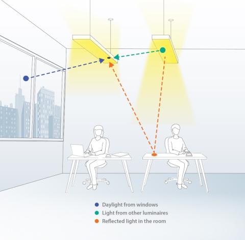 Photocells sense daylight entering from windows, ambient light from other luminaires, and reflected light bouncing around the room. 