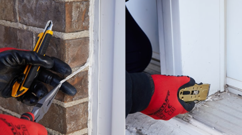  Pull off strips of old caulk using pliers or your fingers. Remove residual caulk using a razor scraper.