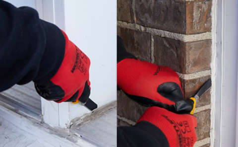 To remove old exterior caulk, use a utility knife (left) or a putty knife (right) to cut along both edges. 