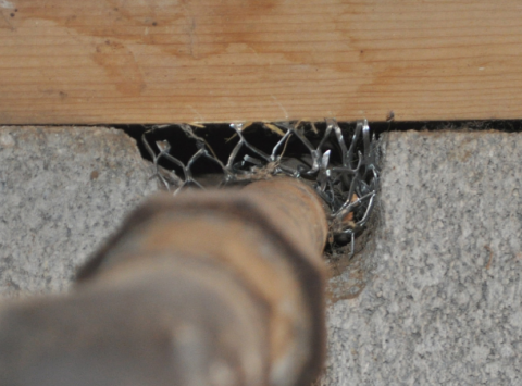 Wrong - The opening in the foundation wall around this pipe has not been sealed allowing entry for rodents and bugs