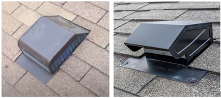 Left - example of a roof vent installed in a manner that doesn’t require any roof sealant to remain waterproof; right - example of a roof vent installed in a manner that requires inspecting and maintaining of the sealant to remain waterproof