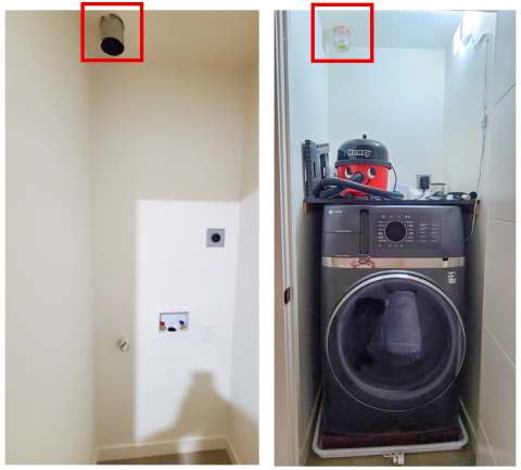 When replacing a ducted clothes dryer with a ventless dryer, seal off the dryer vent duct with foil mastic duct tape; Left: before; Right: after dryer vent duct has been capped and sealed.