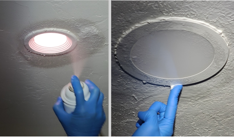 After spraying on foaming glass cleaner, smooth the caulk with a gloved finger to get a neat, even finish 
