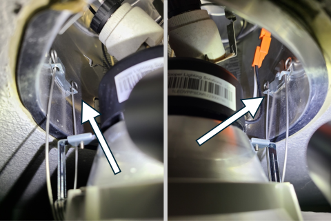 The spring clips from the new LED retrofit ceiling light kit should attach into the brackets in the original recessed light housing 