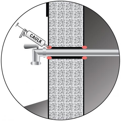 Seal plumbing penetrations in exterior walls with caulk or a gasket