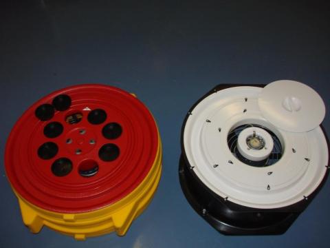 Calibrated blower door fans are used for envelope leakage testing