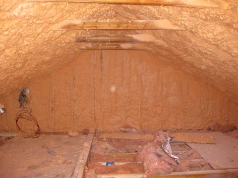 Spray foam insulation was installed on the underside of the roof deck and on gable end attic walls to create an unvented attic