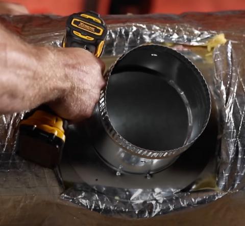 This take-off collar for a round metal duct is secured to the HVAC plenum using #7 x ½-inch self-piercing/self-drilling sheet metal screws.