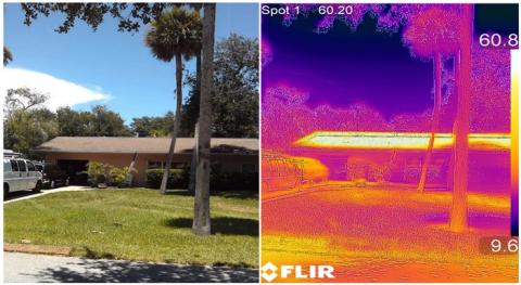 The standard asphalt shingle roof on this Florida home readily absorbs solar energy, allowing it to heat up to 140°F (60°C) as shown in the thermal image on the right