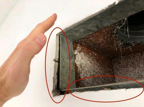 The hole in the drywall was cut overly large for this heating register, allowing air to leak into or out of the wall cavities.