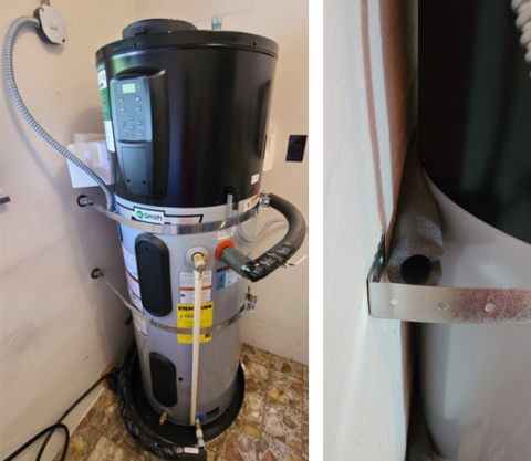 Heat pump water heaters should be seismically braced around the tank portion and not the water heater portion (left) but padding is okay if close to a wall (right).