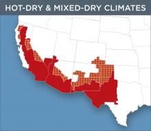 Map of the Hot-Dry and Mixed-Dry regions of the United States.