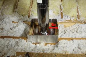 Right- This flue pipe has been air sealed with sheet metal and fire-rated caulk and an insulation dam has been constructed to keep insulation from touching the hot flue pipe