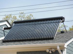 The home’s solar water heating system includes two 30-tube evacuated tube panels and a 120-gallon storage tank with electric back up.