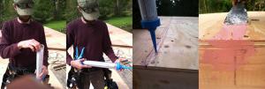 A putty knife is used to press caulk into a seam in the plywood sheathing. 