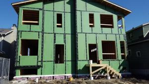 The OSB sheathing is coated and taped at the seams to provide a weather-resistant barrier that can take the place of house wrap.