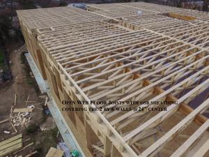 The open-web roof and floor joists, laminated beams, and I-beams reduce raw lumber use and increase load-bearing capacity, while resisting shrinking, twisting, splitting, and warping. 