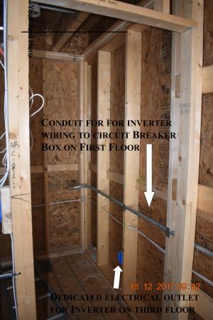 Right - This home was made PV ready with the installation of conduit and a dedicated electrical outlet for wiring from the roof to the circuit breaker box on the first floor.