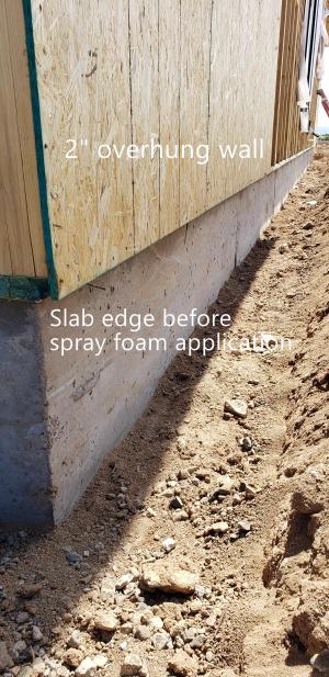 Right – This wall is constructed with the sill plate overhanging the top of the foundation wall so that when rigid foam is installed on the exterior of the foundation wall, its surface will align with the surface of the wall sheathing.
