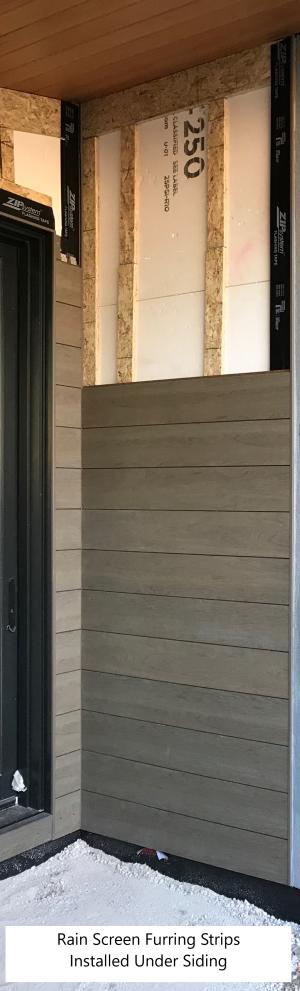 Right – Ripped OSB provides furring strips for a ventilation gap behind the wood siding.