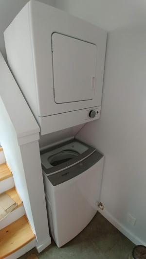 Right – This stacking ENERGY STAR-labeled washer and dryer save energy and water as well as space. 
