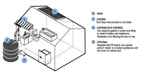 A rooftop rainwater collection system with PV power for pump.
