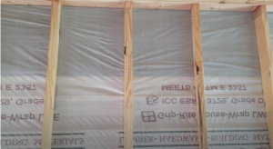 An exterior wall braced using the let-in-bracing (LIB) method with no exterior sheathing