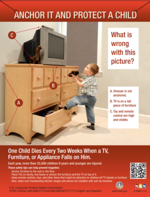 Furniture and heavy household items should be anchored to prevent tipping over during an earthquake and for everyday use if small children are in the home 