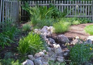Bioswales or rain gardens filter storm water through vegetation and rock and sand substrate layers.