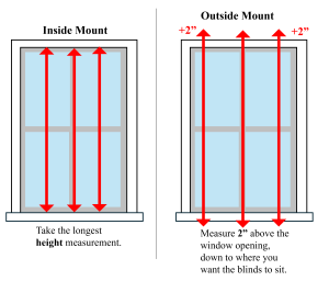 When ordering window blinds, take height measurements in three locations and use the longest height measurement; add at least 2 inches for outside-mount blinds.