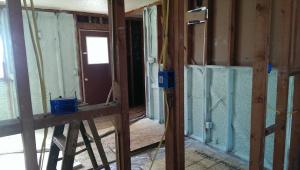 In this gut rehab, drywall was removed then a sprayer-applied sealant was used to seal all large cracks and seams and then the 2x4 walls were filled with spray foam.