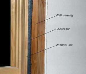 Closed-cell backer rod is installed for air-sealing window and door rough openings.
