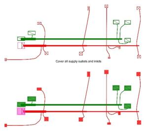 These two schematics show the plan-view of the same duct system; the upper schematic shows all supply and return outlets and inlets uncovered for normal operation, and the lower schematic shows them covered before beginning a duct leakage test.