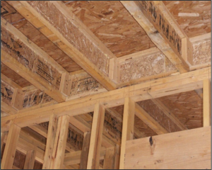 The I-joist is continuous along the shared wall and serves as a natural air barrier between the garage and the house