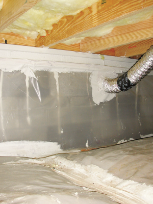 Right - This crawlspace, which is insulated on the floor, has a complete vapor barrier over the floor and up the walls that is sealed at all seams and termite inspection gap at the top of the vapor retarder. 