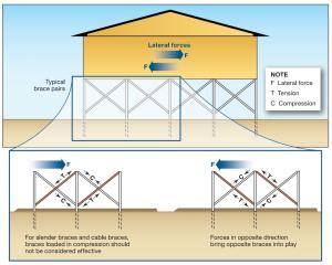 Diagonal bracing schematic to resist lateral forces in a pile foundation home. 