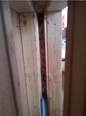  Example of the advanced framing technique, double-stud wall cavity, which will later be filled with blown insulation