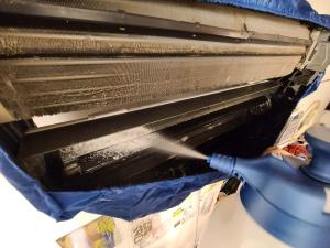 A foaming sprayer and mini-split bib are required to properly clean this ductless wall-mounted indoor unit