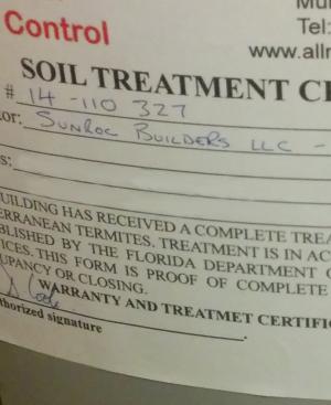 In some locations, new homes may require certification of soil treatment for termites.
