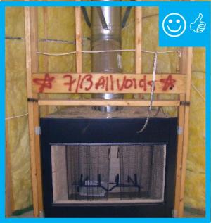 Right – Insulation installed behind fireplace prior to air barrier installation